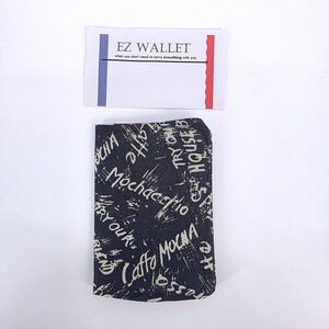 EZ‎ Wallet Coffee Print Fabric Slim Bifold Card Holder Navy Brown Barista Style